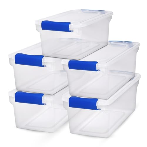 HOMZ 5-Pack Latching Lid, Clear Plastic Storage Organizer Bins, 7.5 Quart, Blue Latch - Stackable Organizing Containers for Home, Garage, and Office - color: Blue, size: 7.5 QT (5 Pack)