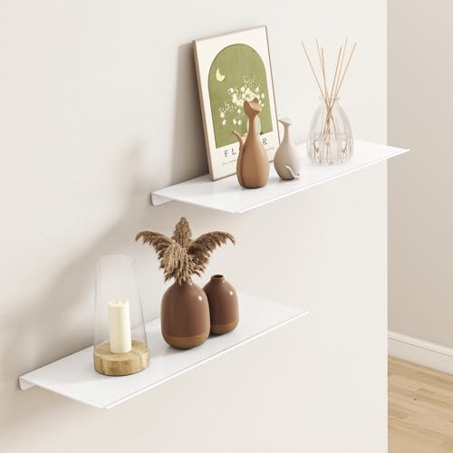 MKO 12" Floating Shelves for Wall, Small Metal Wall Mounted Shelf for Bathroom, Bedroom, Living Room, Kitchen, Little Hanging Shelves for Books/Storage/Room Decor 2 Packs, White - color: White, size: 12 IN
