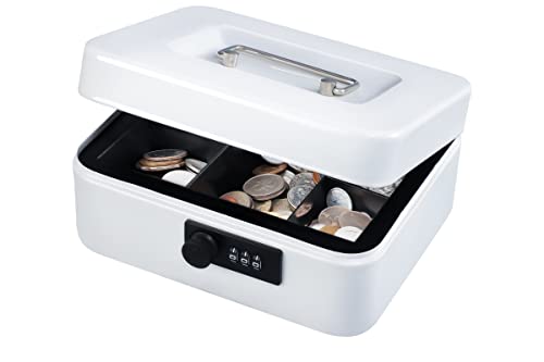 KYODOLED Cash Box with Combination Lock,Safe Metal Box for Money,Storage Lock Box with Money Tray,7.87"x 6.30"x 3.54" White Medium - color: White, size: Medium