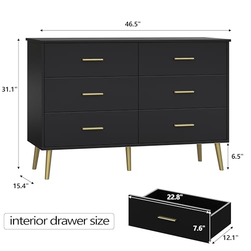 Black Dresser for Bedroom, Dressers & Chests of Drawers for Clothes Storage, Wood Dresser for Closet with 6 Drawers, Wide Long Clothes Organizer with LED Light for Hallway, Entryway, Metal Handles - color: Black