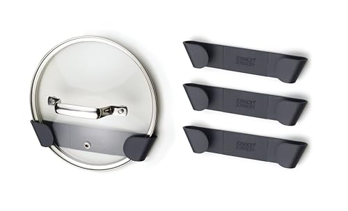 Joseph Joseph Cupboard Store - Set of 4 Pot and Pan Lid Holders Self Adhesive Wall Mount Storage Organizer, Suitable for Lids Up to 9 in , 3M VHB Tape Included, Gray