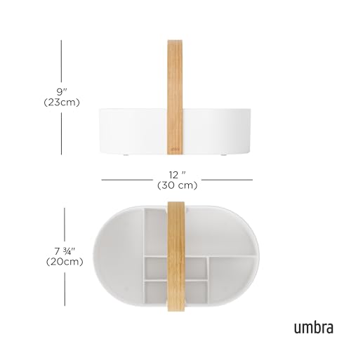Umbra Bellwood Caddy, Organizer Bin for Makeup and Cosmetics, Durable Lightweight Container with Wooden Handle and Removable Dividers, Small, White/Natural - color: White/Natural, size: Small
