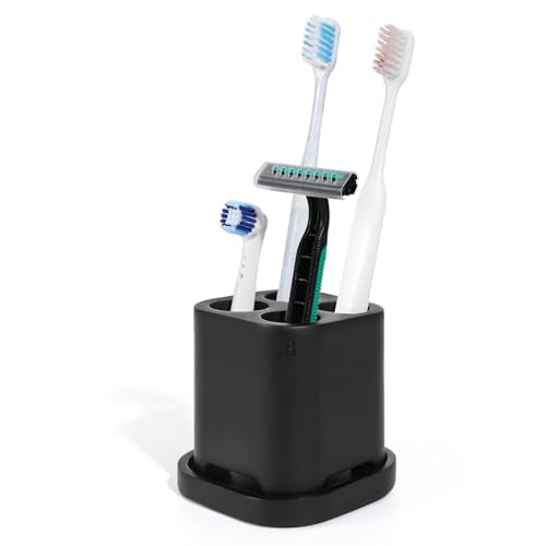Luxspire Toothbrush Holder - 4 Slots, Character Marked, Drainage Hole & Tray, Non-Slip, Electric Toothbrush Head Holder, Toothbrush Holder for Bathroom, Matte Black - color: Matte Black, size: 4 Slots