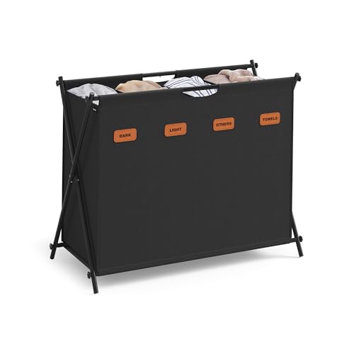 SONGMICS Laundry Hamper, Laundry Basket, 40.9 Gal. Laundry Sorter 4 Sections, Collapsible X-Frame, Clothes Organizer with Customizable Labels, Laundry Room, Bedroom, Bathroom, Ink Black ULCB140B01 - color: Ink Black, size: 155 L