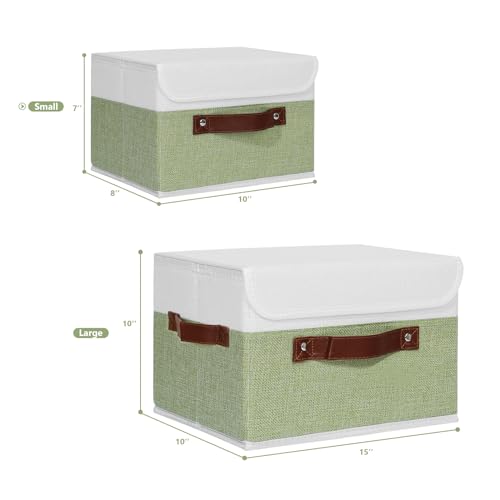 ANMINY Storage Boxes with Lids Washable Decorative Storage Bins Basket with PU Leather Handle Foldable Linen Fabric Storage Cubes Containers for Home Closet Organizer - Green White, Small Size - color: Green White, size: Small (Pack of 1)
