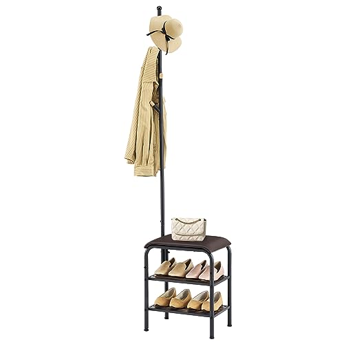 Gewudraw Coat Rack Stand Shoe Bench - 3 in 1 Coat Hall Tree with Shoe Storage With Benches Small Metal Shoes Shelf for Entryway Living Room Bedroom Hallway Mudroom