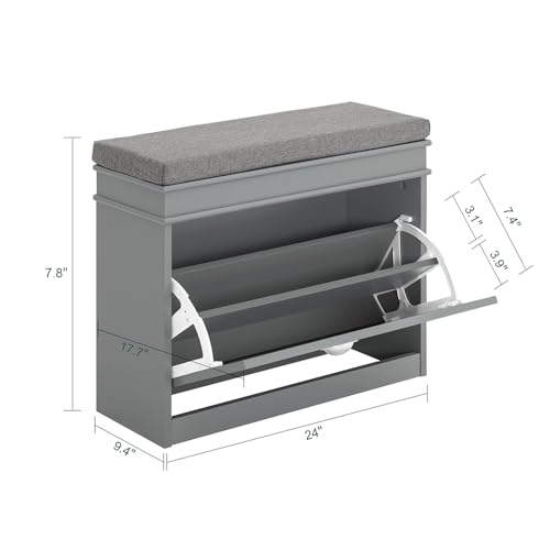 Haotian Grey Hallway Shoe Bench, Narrow Shoe Rack with Adjustable Shelf, Small Shoe Cabinet with 1 Flip-Drawer and Seat Cushion, FSR82-K-HG