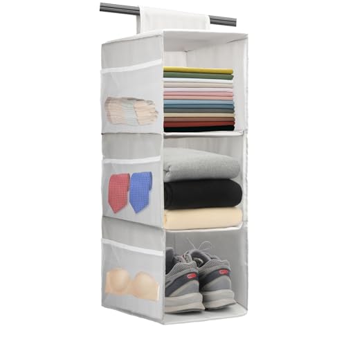 PetsHome 3-Shelf Hanging Closet Organizer, Space Saver, Closet Hanging Storage Shelves with Mesh Pockets & Magic Tap for Storage, Foldable-Grey - color: Grey, size: 3 Shelf