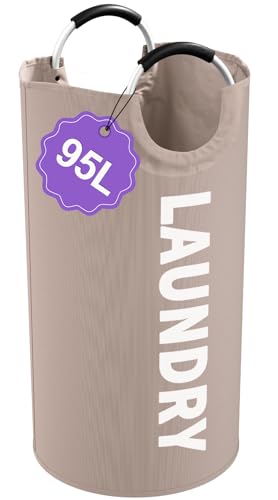95L Folding Laundry Basket for Singles, Large Laundry Hamper with Aluminum Handles, Freestanding Dirty Clothes Basket, Sturdy Oxford Fabric Clothes Hampers for Travel, Dormitory, Khaki - color: Khaki, size: L-95L