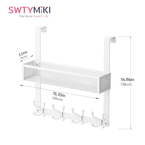 SWTYMIKI Over The Door Hook with 16 Hooks & Mesh Baskets - Heavy Duty Over The Door Organizer Hanger for Towels, Coats, Clothes - Space Saving Hanging Rack for Bathroom, Living Room, White - color: White-1 Basket