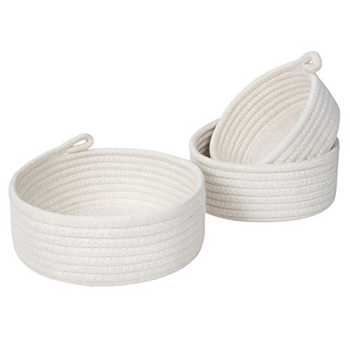 MINTWOOD Design Set of 3 Cotton Rope Nesting Bowls, Small Catch All Basket, Cute Closet Baskets and Bins for Shelves, Mini Table Basket Organizer for Small Accessories - color: Natural White