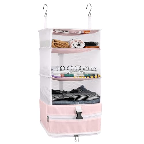 Surblue Hanging Closet Storage Bag Collapsible 3-Shelf Washable Oxford Fabric with 2 Hooks (L 11.41 * 11.41 * 19.68in, Pink) - color: Pink, size: L 11.41*11.41*19.68in