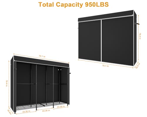 ULIFHOME E14C Pro Heavy Duty Closet Organizer System，Freestanding Clothing Racks for Hanging Clothes，Adjustable Garment Rack 70.1"W × 16.6"D × 76.4"H Hold 960 lbs，Black Rack with Black Dustproof Cover - color: Black Rack With Black Cover