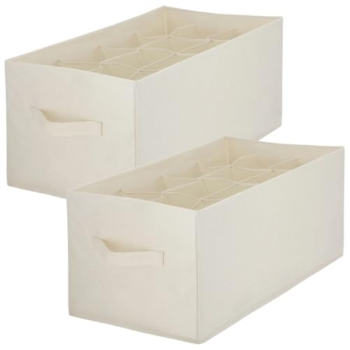 ZALIR 2 Pcs 12-Grid Shoe Organizer Bins, Foldable Cotton Linen Fabric Storage with Bottom Support Board, Space-Saving Foldable Container, 17.7 x 11.8 x 9.8 in for Closet Wardrobe Clothes
