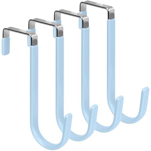 FYY Over The Door Hooks, 4 Pack Door Hangers Hooks with Rubber Prevent Scratches Heavy Duty Organizer Hooks for Living Room, Bathroom, Bedroom, Kitchen Hanging Clothes Towels Hats Coats Bags Cyan - color: A Cyan, size: Short, style: 4 Pack