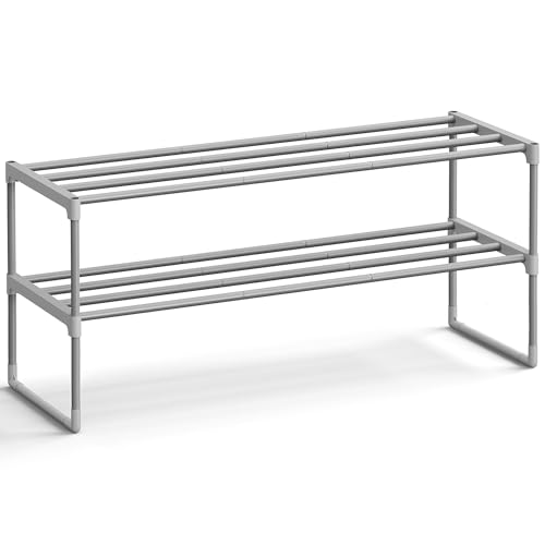 SONGMICS Shoe Rack, 2-Tier Shoe Organizer, Metal Storage Shelf, Upright or Upside Down, for 12-15 Pairs, Stackable, for Entryway, 11.8 x 36.2 x 14.6 Inches, Gray ULSA012G01 - color: Grey, size: 2 Tiers (36.2"w)