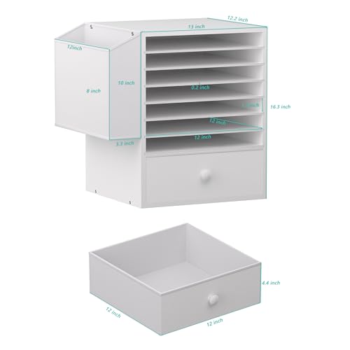 Unionly Wooden 12X12 Scrapbook Paper Organizer,7 Tier Adjustable Desktop File sorter with drawer,Craft&Stamp Cardstock Storage with Side Pocket&Name Slots for classroom,home offce，White - color: White, size: 7 Slots