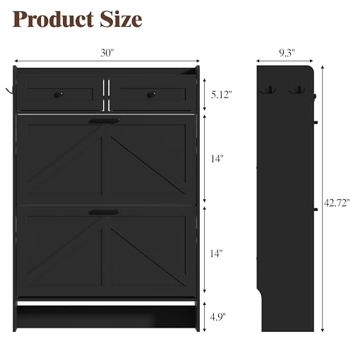 Thacuok Black Shoe Cabinet with 2 Flip Drawers & 2 Storage Drawers, Rustic Farmhouse Narrow Shoe Organizer Cabinet, Slim Shoe Rack Cabinet, Shoe Storage Cabinet for Entryway, Hallway - color: Black, size: 2 Drawers
