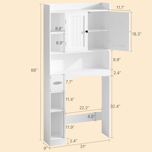 Gizoon 66''H Over The Toilet Storage Cabinet, Over Toilet Storage Cabinet White, Over Toilet Bathroom Organizer, with 2 Doors, Adjustable Shelf, for Bathroom, Laundry, White - color: White