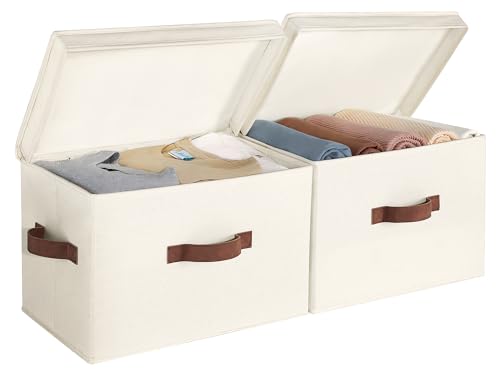StorageWorks Fabric Storage Bins with Lid, Decorative Storage Boxes for Shelves, Stackable Closet Organizer Basket with Handles, Large, Ivory White, 2-Pack - color: Ivory White, size: Large
