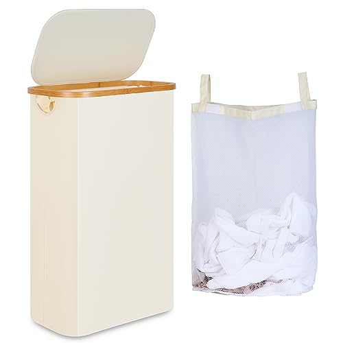 iEGrow 65L Slim Laundry Hamper, Narrow Laundry Basket with Lid,Foldable Clothes Hamper with Bamboo Handles,Hamper Basket with Removable Inner Bag for Laundry Room Bedroom College Dorm,17.17 Gals Beige - color: Beige, size: 65L