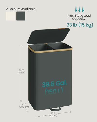 SONGMICS Laundry Hamper, Laundry Sorter with Lid, Storage Basket Bin, Removable Liners, Bamboo Frame, for Bedroom, 2 Sections, 39.6 Gal. (150 L), Slate Gray ULCB532GN01 - color: Slate Gray, size: 150 L (2-Section)
