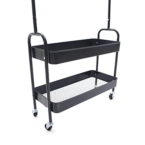 2-Tiers Clothes Rack Freestanding Clothing Garment Rack with Metal Basket Rolling Storage Clothes Shelves Portable Organizer Coat Rack for Entryway Home Bedroom Laundry Small Place (Black) - color: Black