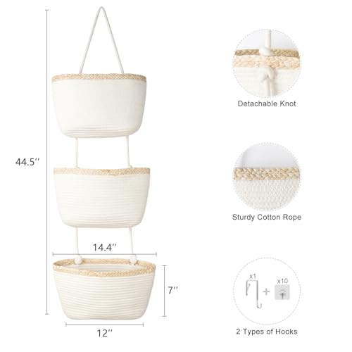 TeoKJ Over the Door Hanging Basket, 3-Tier Woven Cotton Wall-Mounted Storage Organizer Bag Decorative Hanging Nursery Baskets, White & Light Brown - color: White & Light Brown