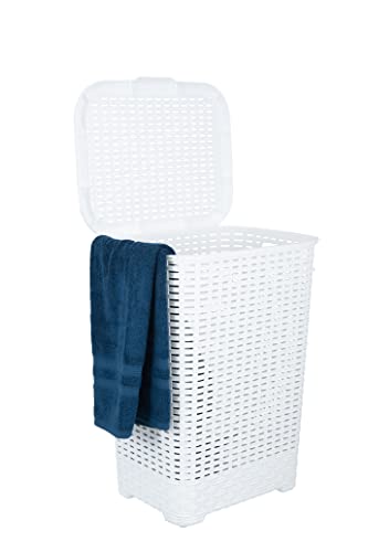 Plastic Laundry Hamper with Lid, Designed Laundry Hamper Basket, Beige Tall Cloths Hamper Organizer with Cut-out Handles. Space Saving for Laundry Room Bedroom Bathroom, Wicker Design 60 Liter - color: White, size: 1-pack
