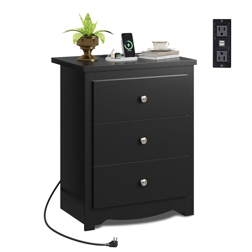 WLIVE Tall Nightstand with Charging Station, Wood Night Stand with 3 Drawers Storage, Bedside Table End Side Tables with 2 USB Ports and Outlets for Bedroom, Closet, Black - color: Black