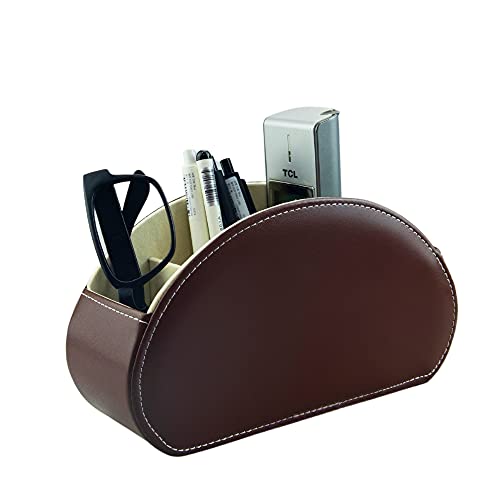Remote Control Holder Organizer Table Desk Leather Control Storage TV Remote Control Organizer with 5 Spacious Compartments (Dark Brown with Beige Lining) - color: Dark Brown with Beige Lining