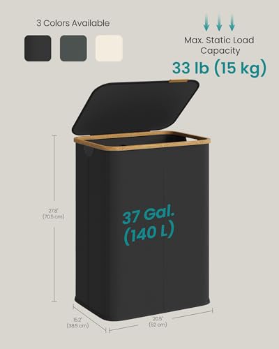 SONGMICS Laundry Hamper, Laundry Basket with Lid, Foldable Storage Basket, Bamboo Frame, for Bedroom, Living Room, Oxford Fabric, 37 Gal. (140 L), Ink Black ULCB519BH01 - color: Ink Black, size: 140 L (2-Section)