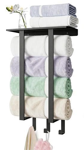 Towel Racks for Bathroom, Towel Rack with Shelf and 3 Hooks, Towel Storage Holders Wall for Rolled Bath Towels, Black - color: Black, size: Square Tube