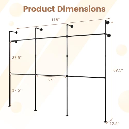 Giantex Industrial Pipe Clothing Rack, 118" Wall Mounted Heavy-Duty Metal Garment Organizer with 6 Hanging Rods, 2-Tier Walk-in Closet System for Wardrobe Closet, Retail Display - size: 118 Inches