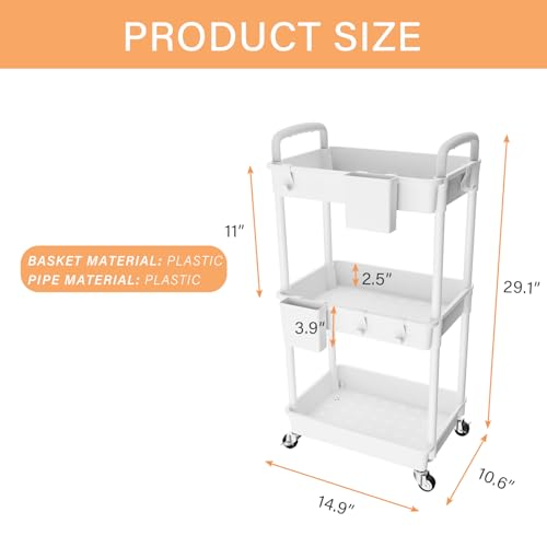 3 Tier Rolling Utility Cart with Handle,REBECAT Utility Cart Made of Multifunctional Storage Organizer Tool for Kitchen,Bathroom,Living Room,Office(White) - color: White