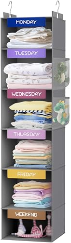VERONLY Weekly Hanging Closet Organizer for Kids, 6-Shelf Clothes Storage with Labeled Days of The Week Monday Through Friday, Weekday and Weekend, Days of The Week Clothes Organizer - color: Grey