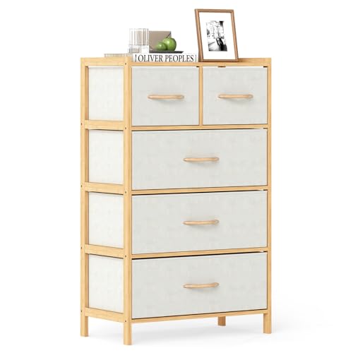 LOKO Fabric Dresser with 5 Drawers, Bamboo Chest of Drawers, Vertical Storage Tower for Small Space, Storage Organizer Unit for Bedroom, Entryway, Living Room, Laundry Room, Closet - size: 12"D x 23"W x 37"H (5 Drawers)