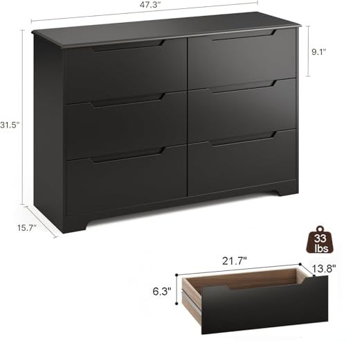 Gizoon 6 Drawer Double Dresser for Bedroom with Anti-Tip Design, Modern Wide Wooden Chest of Drawers with Cut-Out Handles, Closet Storage Organizer and TV Stand for Living Room, Hallway, Entryway - color: Black, size: 15.7"D x 47.3"W x 31.5"H (6 Drawers)