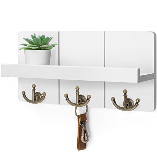 Rebee Vision Key Holder for Wall with Shelf: Elegant Farmhouse Mail Organizer with Decorative Floating Shelf and 3 Anchor Key Hooks for Wall - Retro Key Hangers for Entryway Decor (Rustic White) - color: White