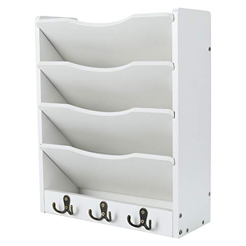 PAG 5-Tier Wall File Holder Hanging Mail Organizer Wood Magazine Literature Rack with 6 Hooks, White - color: White