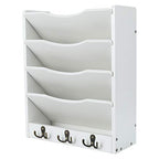 PAG 5-Tier Wall File Holder Hanging Mail Organizer Wood Magazine Literature Rack with 6 Hooks, White - color: White