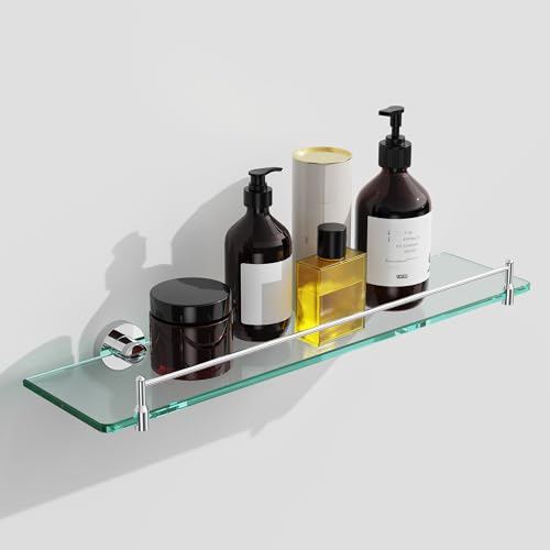 20 Inches Glass Shelves for Bathroom, Chrome Polished Floating Glass Shelf Stainless Steel Tempered Glass Bathroom Shelves for Wall Mount Modern - color: Chrome Polished, size: 20"with railing