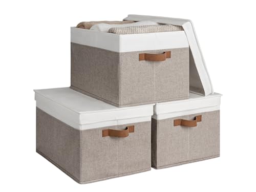 StorageWorks Storage Bins with Lids, Decorative Storage Boxes with Lid and PU Handles, Foldable Storage Baskets for Closet, Shelves, Stackable, Brown and White, Jumbo, 3-Pack - color: Brown and White, size: Jumbo