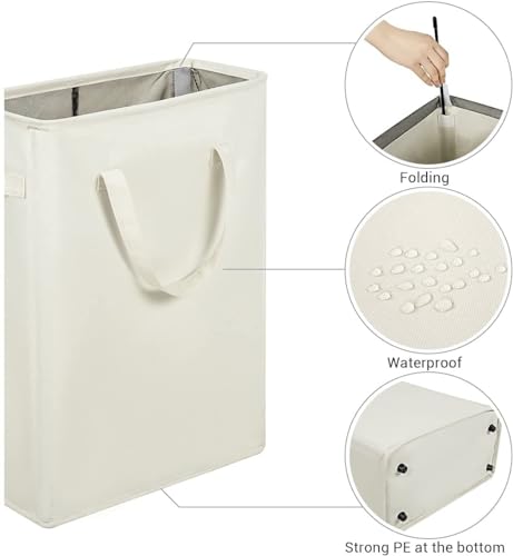 ZERO JET LAG Slim Laundry Hamper With Handles Collapsible Laundry Basket Thin Dirty Clothes Basket Narrow Laundry Bag Foldable Dirty Clothes Hamper 45L (23 inches,Beige) - color: Beige