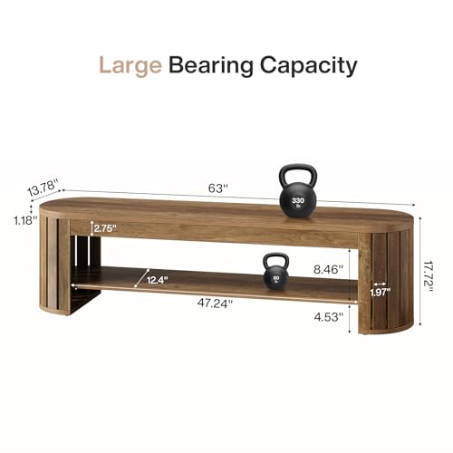 Tribesigns 63" Wooden Entryway Bench with Shoe Storage, Long 2-Tier Narrow Shoe Bench with Arc Vertical Slat Splicing Legs, End of Bed Stool for Bedroom, Entrance, Living Room (Brown) - color: Brown