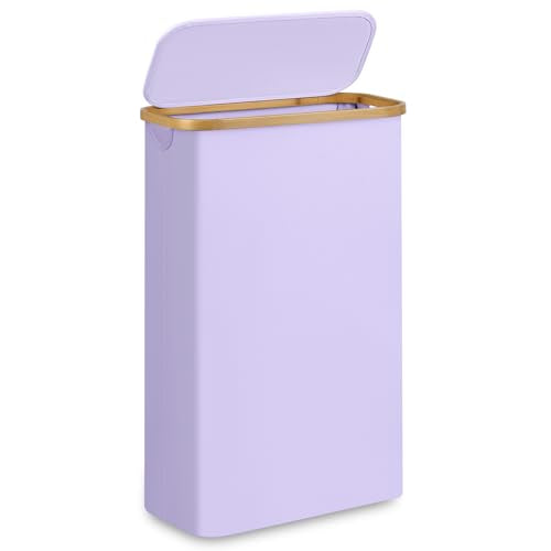 Slim Laundry Basket,60L Laundry Hamper with Lid, Tall Hamper for Laundry,Dirty Cloth Hamper with Bamboo Handle for Toys,Towels, Clothes Organizing,Purple - color: Purple, size: 60L Slim