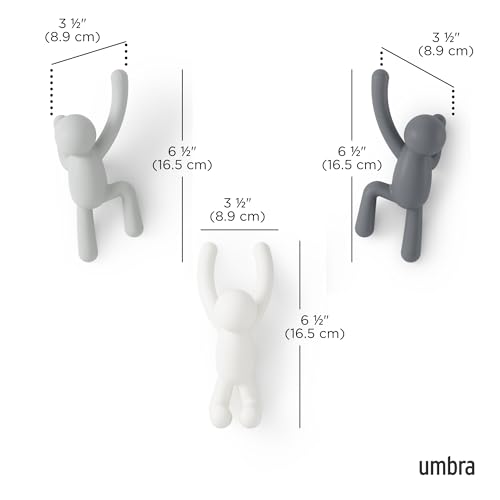 Umbra Buddy Wall Hooks – Decorative Wall Mounted Coat Hooks for Hanging Coats, Scarves, Bags, Purses, Backpacks, Towels and More, Set of 3, Grey - color: Gray