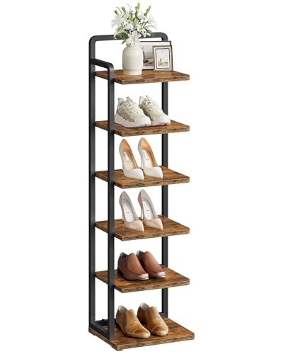 CHOEZON 6-Tier Vertical Shoe Rack, Narrow Shoe Tower, Corner Shoe Storage Organizer, Shoe Shelf, for Small Spaces, Industrial Style, for Entryway, Hallway, Living Room, Rustic Brown and Black TXJ06BF - color: Rustic Brown, Black, size: 11.7"L x 8.9"W x 40