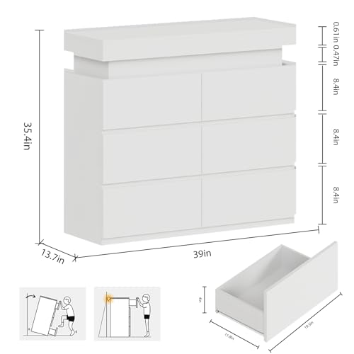 DreamDashio Modern 6 Drawer Dresser with Flip-Top Storage, Chest of Drawers for Closet with Floating LED Lights & Charging Station, Double Wide Drawer Organizer Cabinet for Bedroom, Living Room, White - color: White