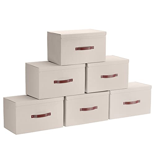 Ornavo Home 6 Pack Collapsible Storage Bins with Lid, Foldable Linen Fabric Shelf Storage Basket Closet Organizer and Large Storage Box for Clothes with Leather Handles, 15 x 10 x 9, Beige - color: Beige, size: Large - 6 Pack